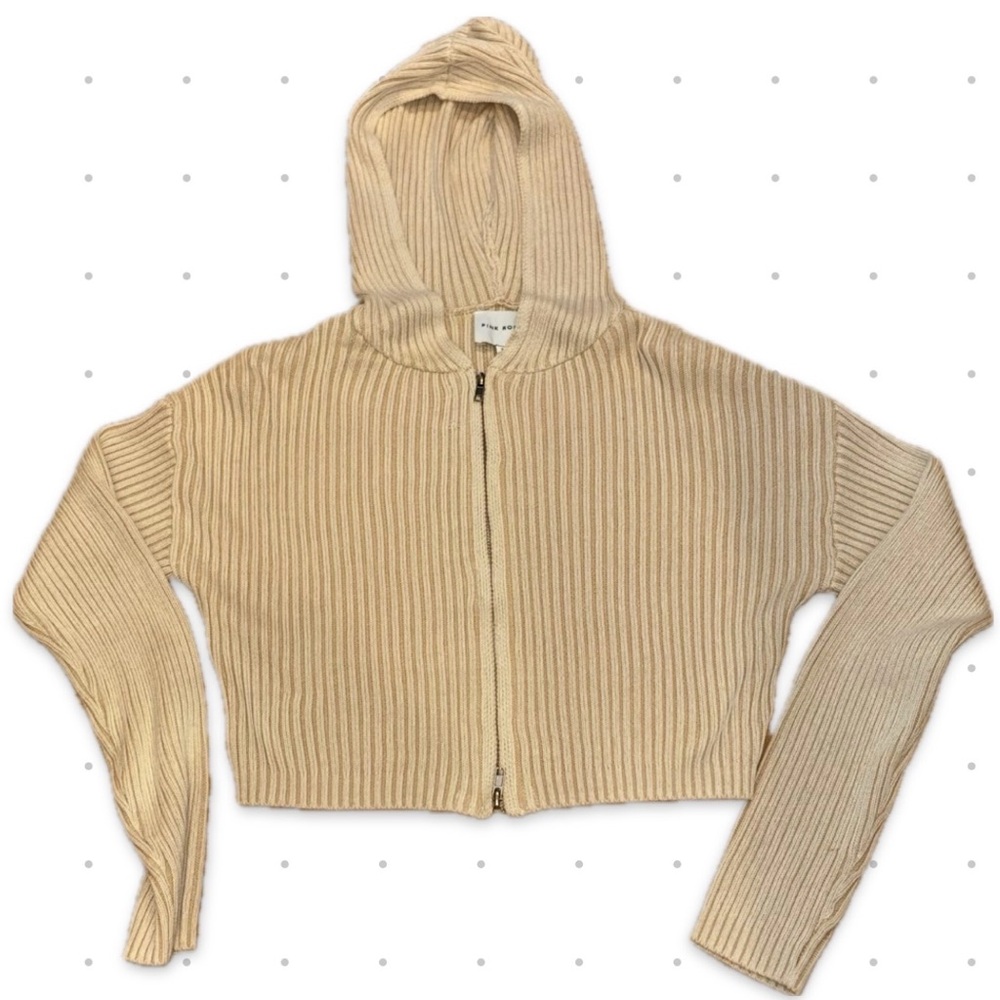 Pink Rose Ribbed Knit Cropped Zip-Up Hoodie - White/Oat Combo - XS